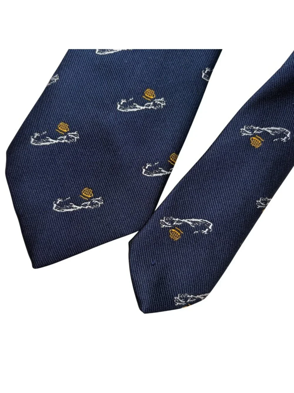 VTG Trimminghams Bermuda Mens Nautical Tie Navy Blue Embroidered Gold Ship Short